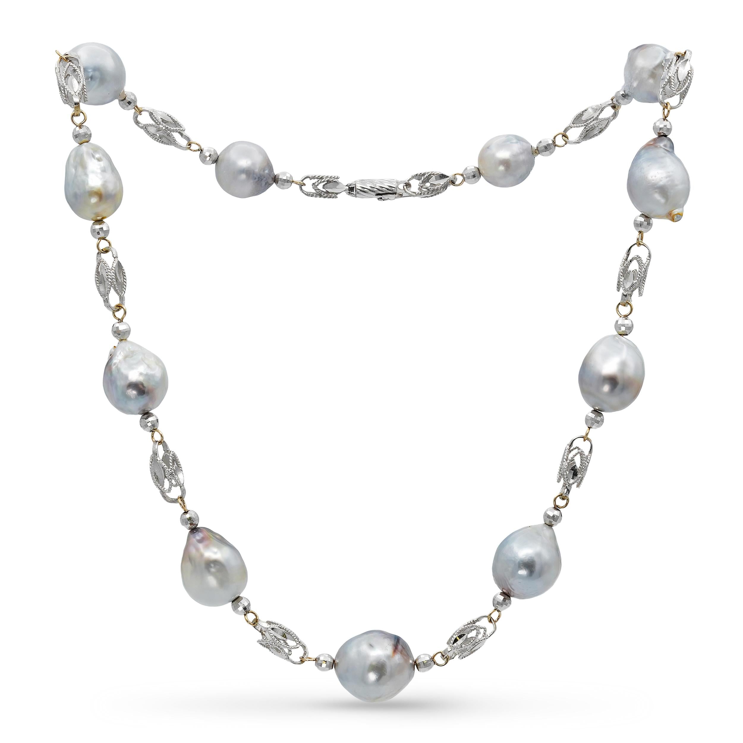 Vintage 14k White Gold Pearl Byzantine Link Station Necklace