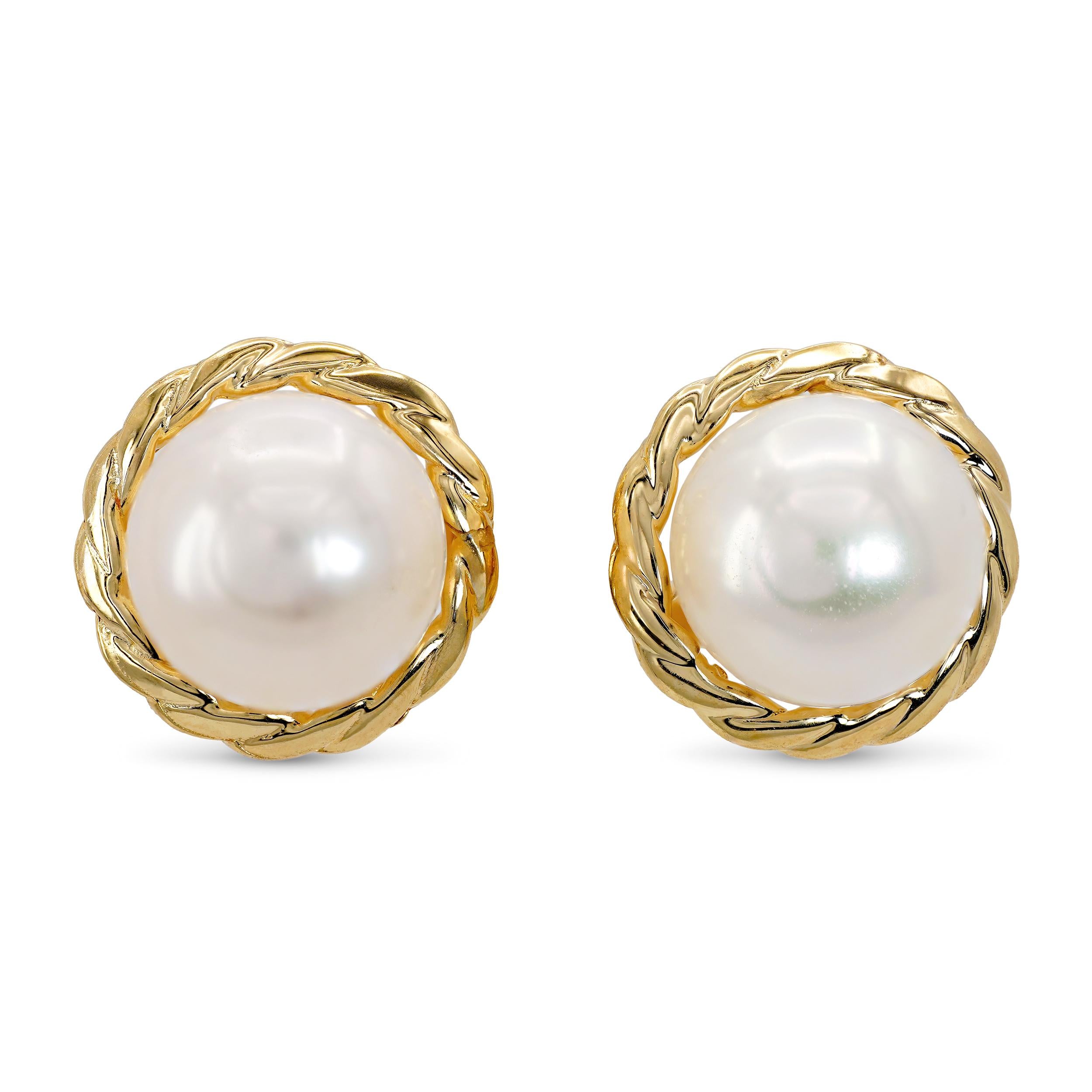 14k Yellow Gold Braided Rope Frame 7.7mm Pearl Stud Earrings
