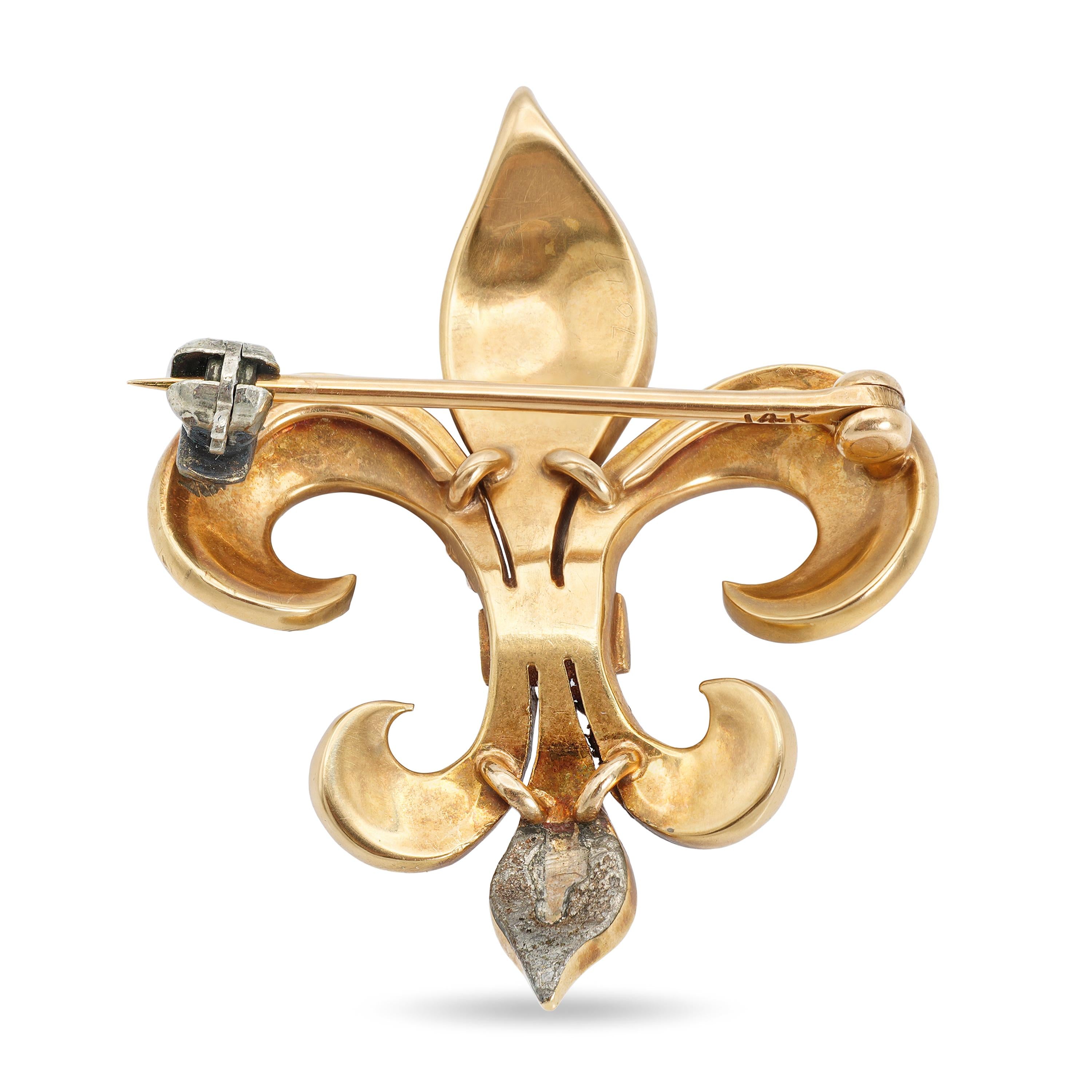 Antique 13k Yellow Gold Seed Pearl Fleur de Lis Brooch
