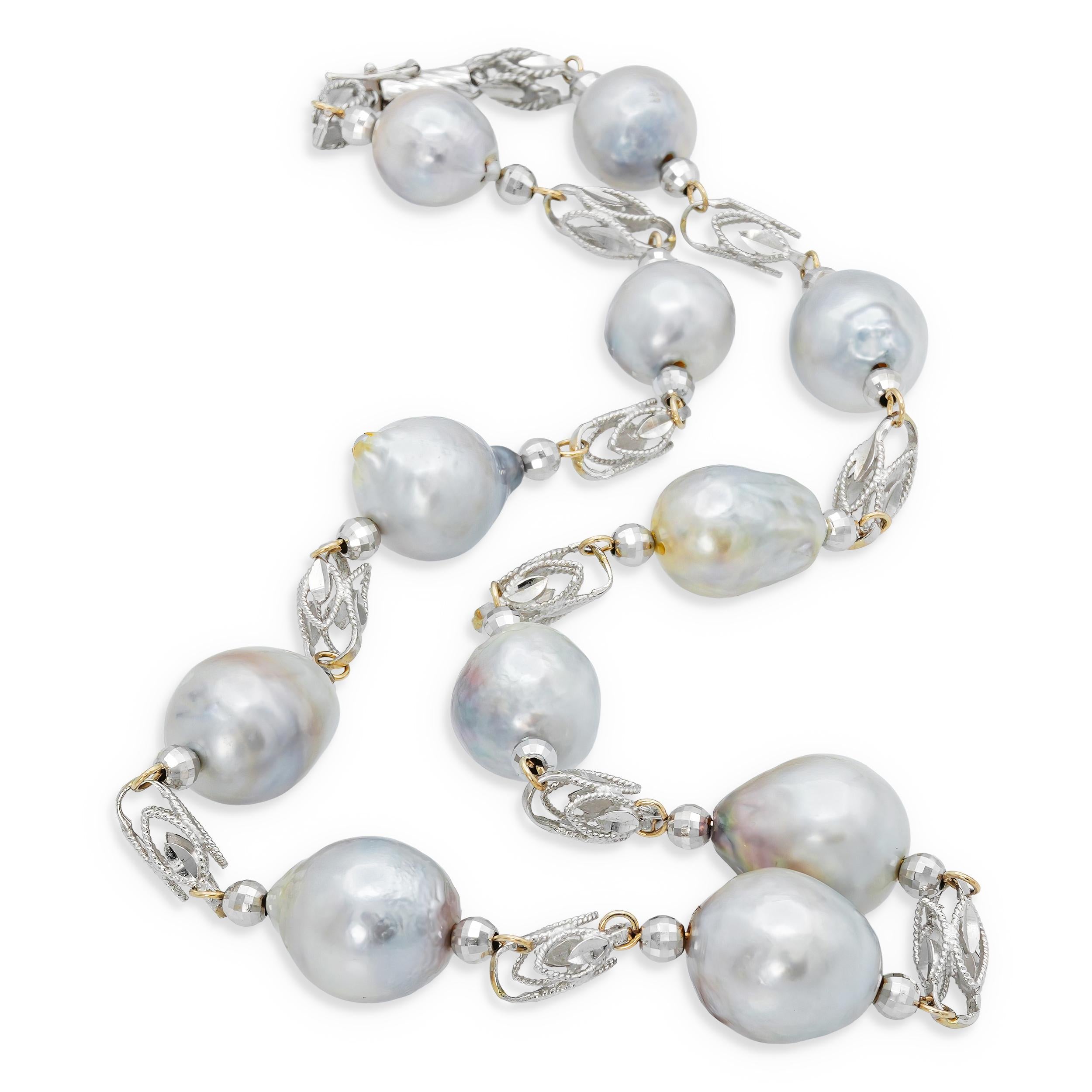 Vintage 14k White Gold Pearl Byzantine Link Station Necklace