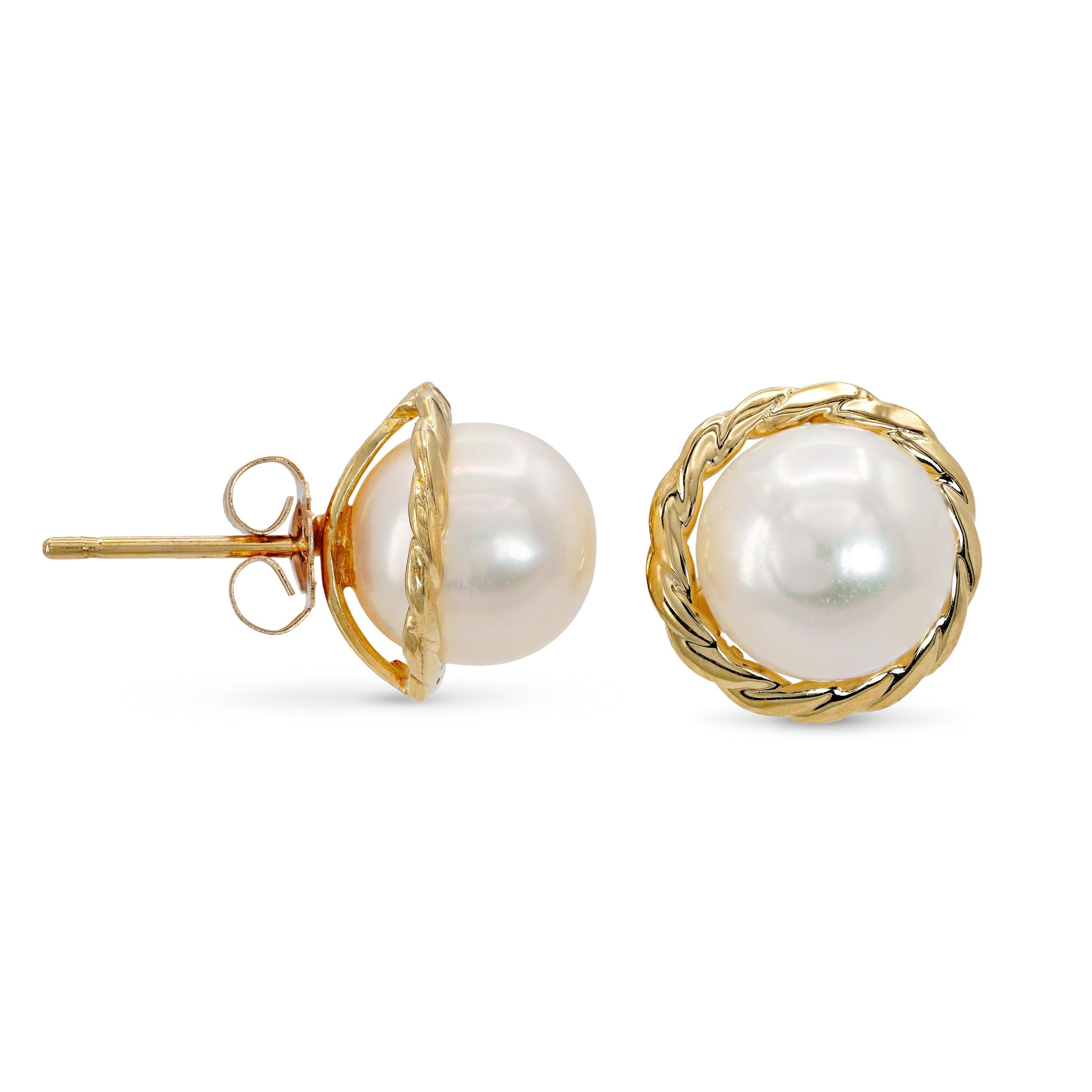 14k Yellow Gold Braided Rope Frame 7.7mm Pearl Stud Earrings