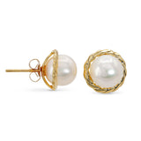 14k Yellow Gold Braided Rope Frame 7.7mm Pearl Stud Earrings
