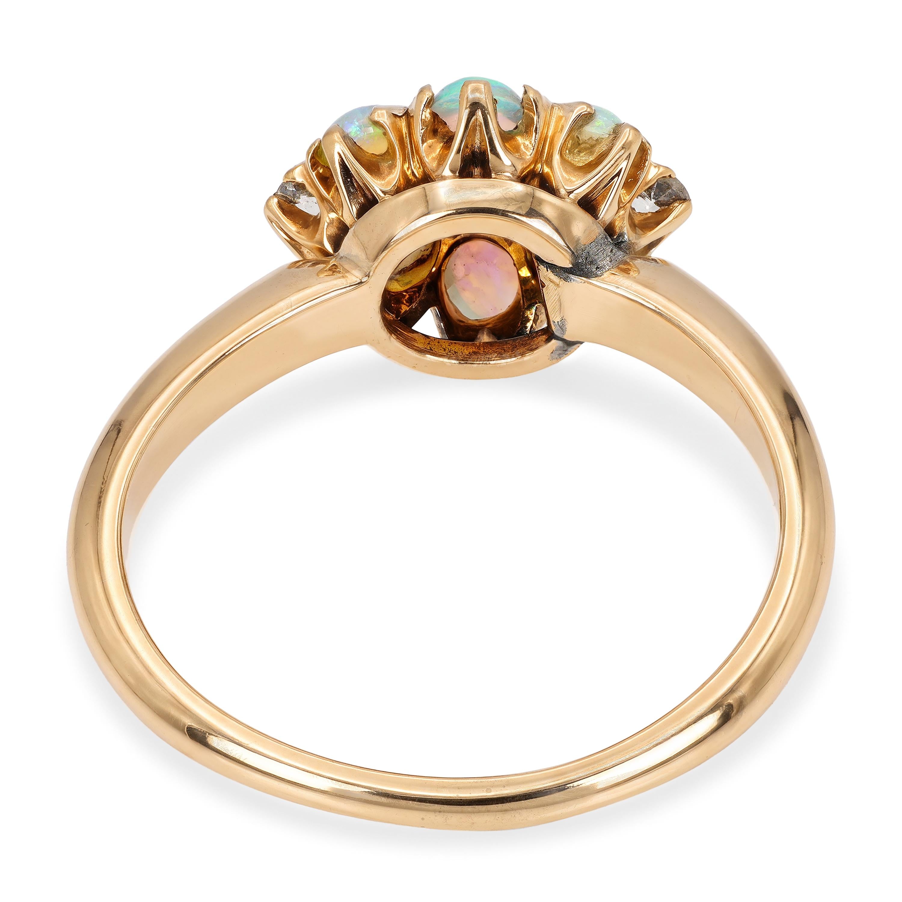 Antique Edwardian 12k Yellow Gold Opal and Diamond Floral Cluster Ring