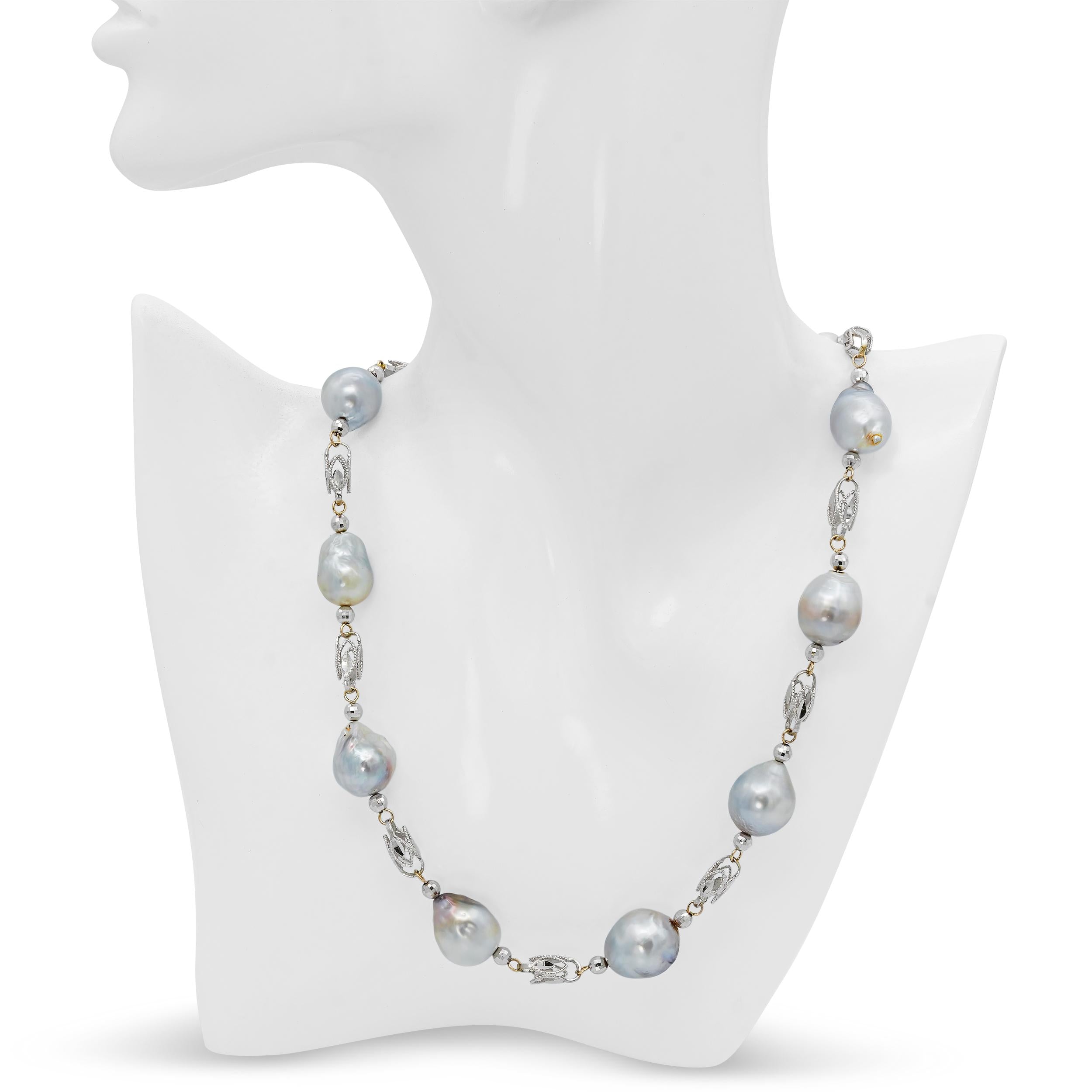 Vintage 14k White Gold Pearl Byzantine Link Station Necklace
