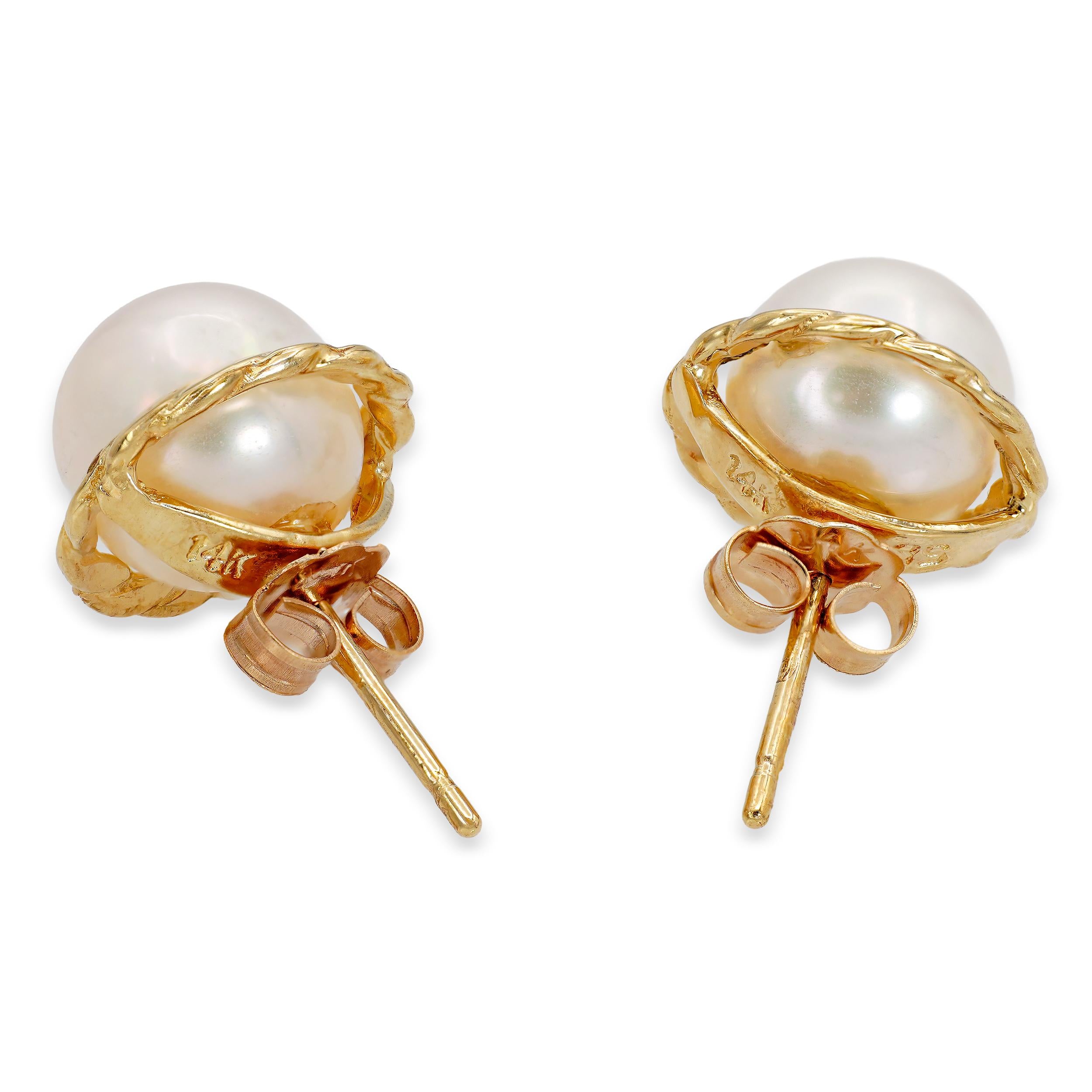 14k Yellow Gold Braided Rope Frame 7.7mm Pearl Stud Earrings