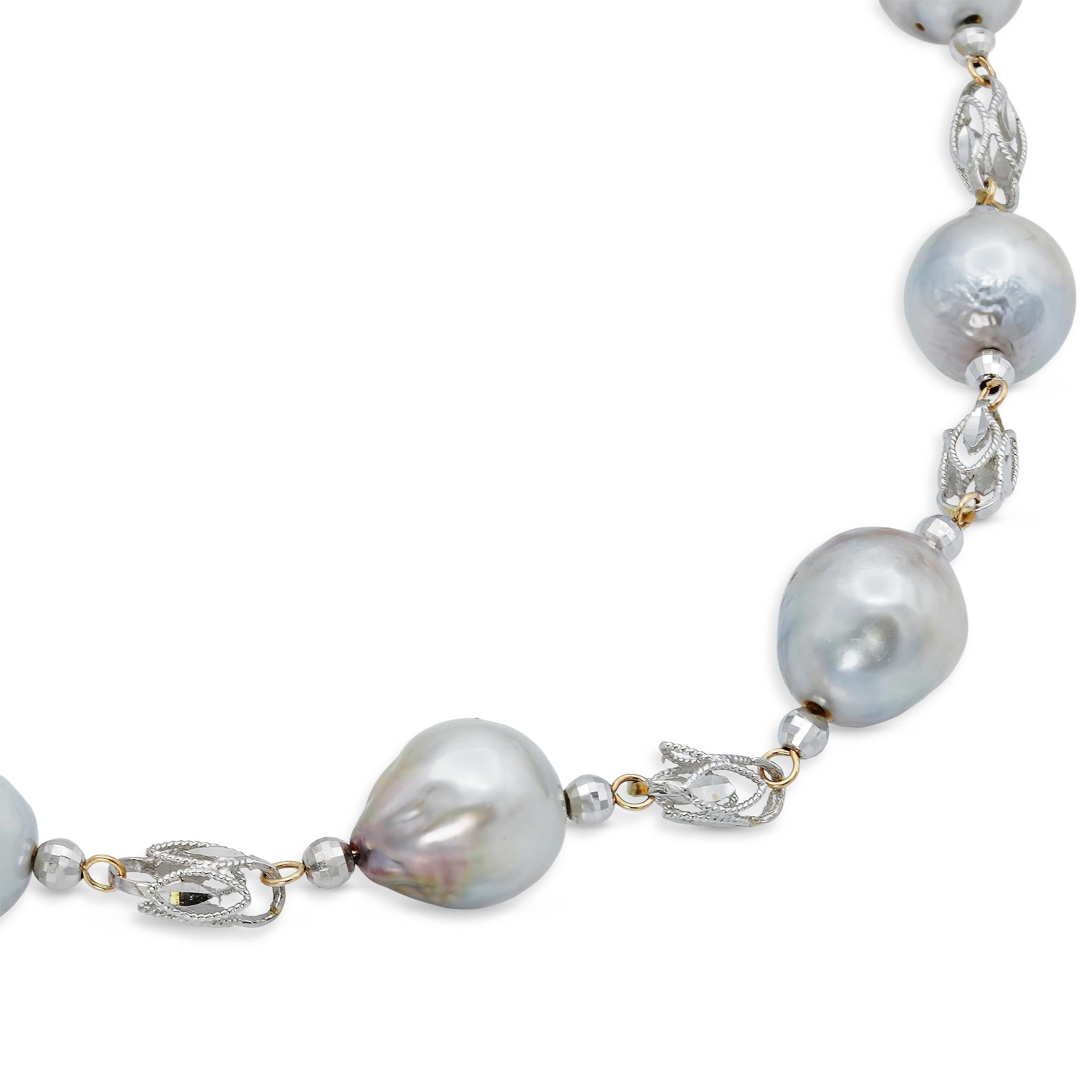 Vintage 14k White Gold Pearl Byzantine Link Station Necklace