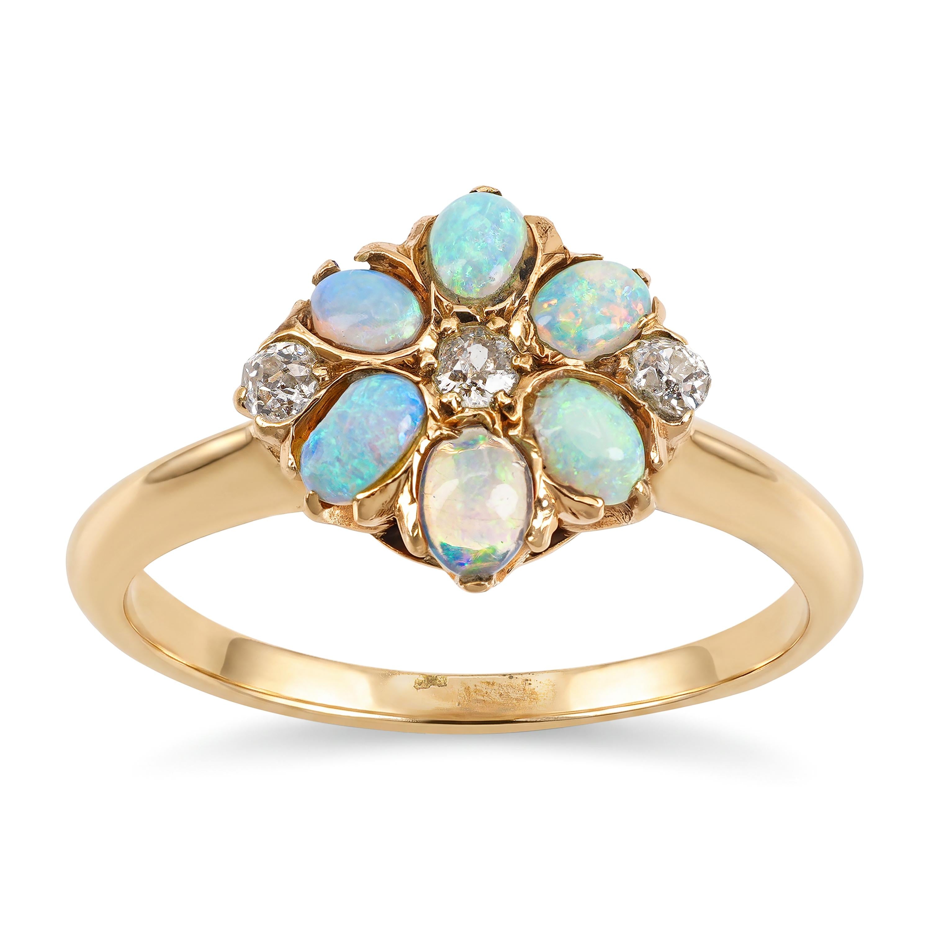 Antique Edwardian 12k Yellow Gold Opal and Diamond Floral Cluster Ring