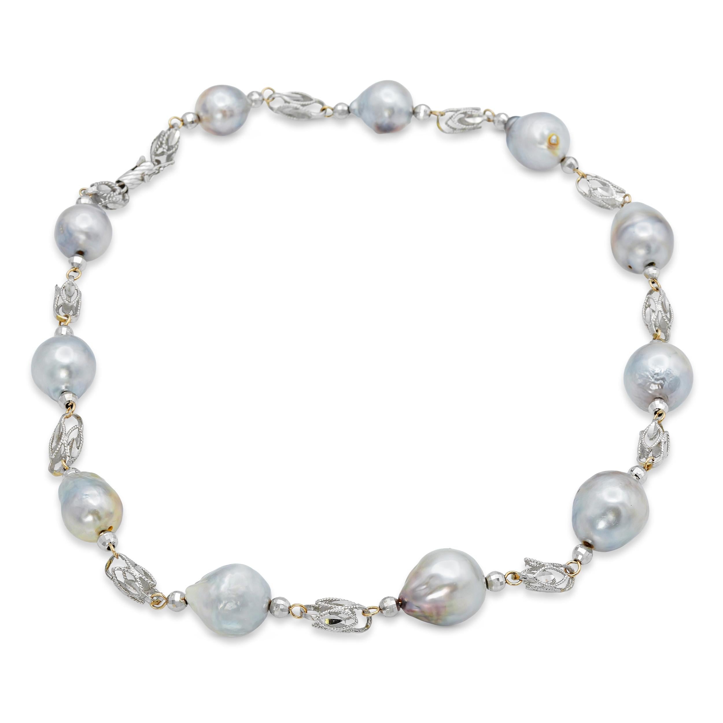 Vintage 14k White Gold Pearl Byzantine Link Station Necklace
