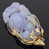 Vintage 14K Yellow Gold Lavender Green Jade & Diamond Carved Bird Gourd Pendant