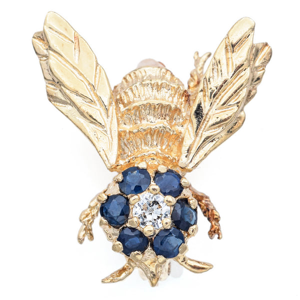Vintage 14K Yellow Gold Sapphire & Diamond Bee Bug Brooch Pin
