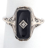 Vintage 14K White Gold Ruby, Onyx & Diamond Spinner Ring Size 8.5
