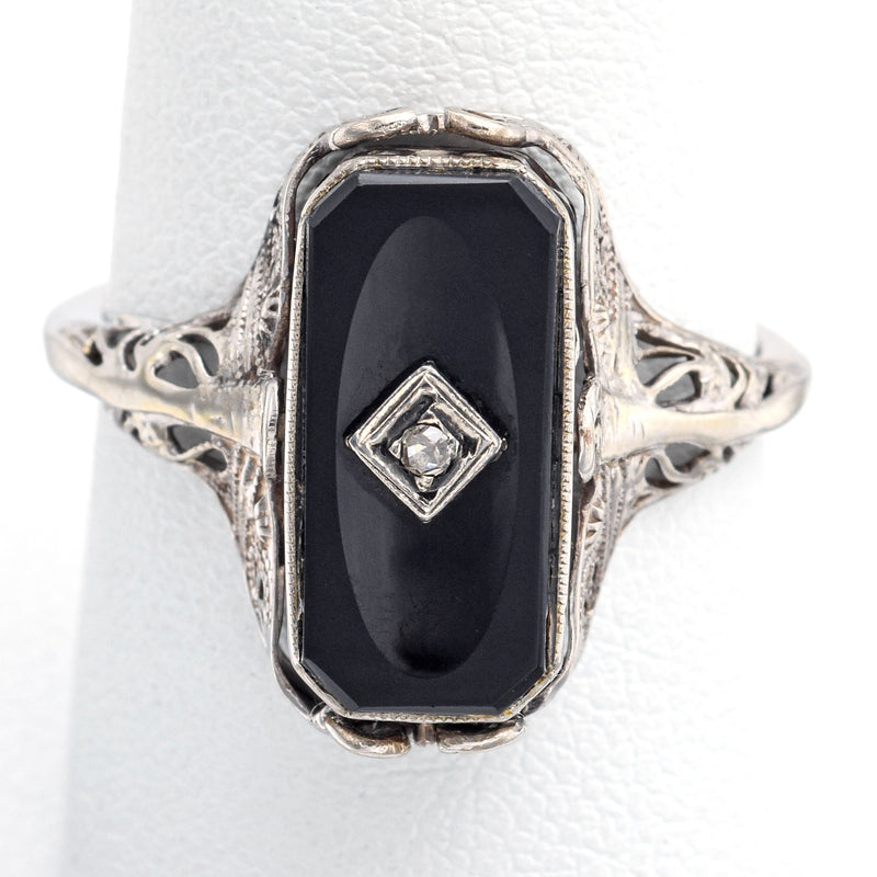Vintage 14K White Gold Ruby, Onyx & Diamond Spinner Ring Size 8.5
