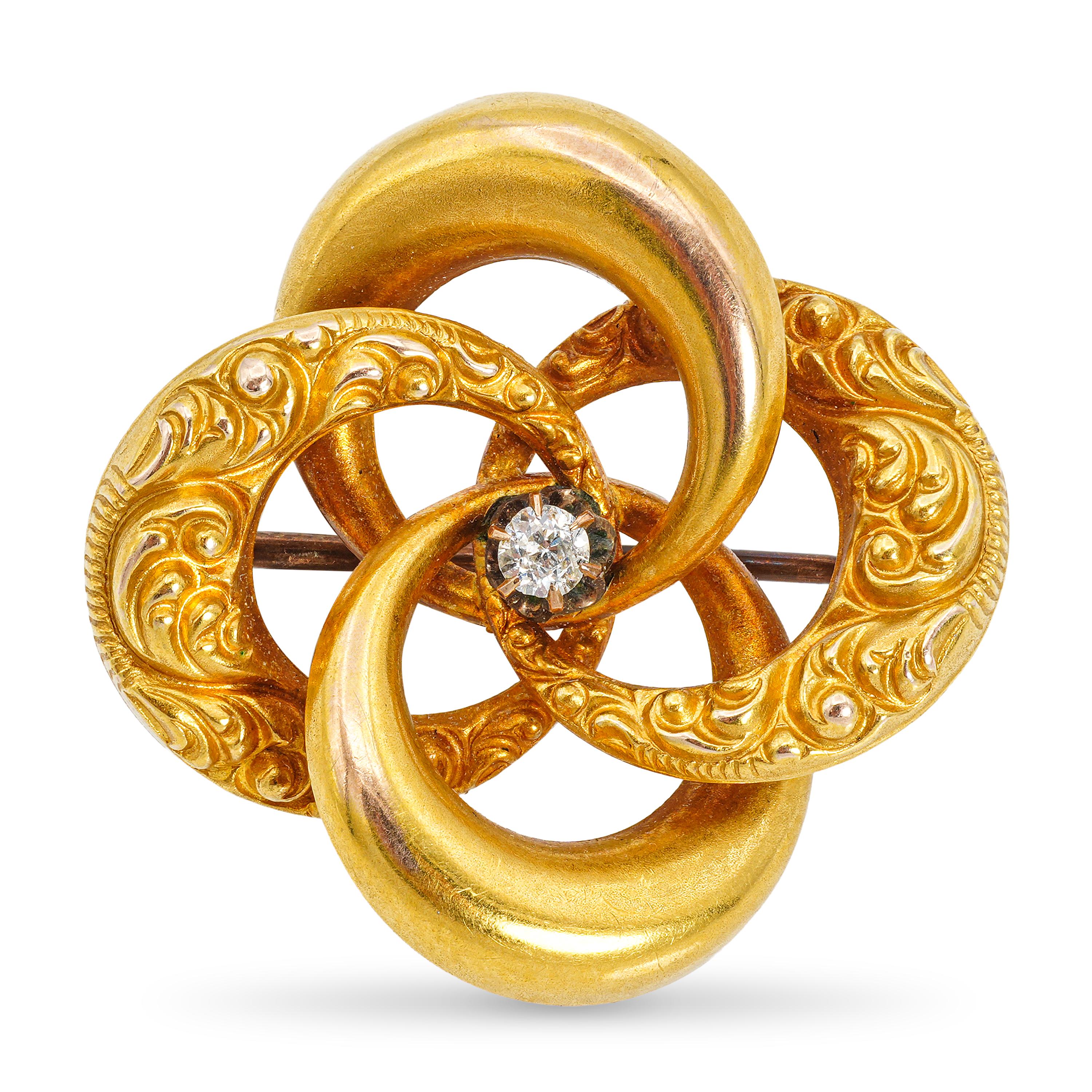 Antique Victorian 20k Yellow Gold Diamond Repoussé Love Knot Brooch
