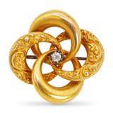 Antique Victorian 20k Yellow Gold Diamond Repoussé Love Knot Brooch