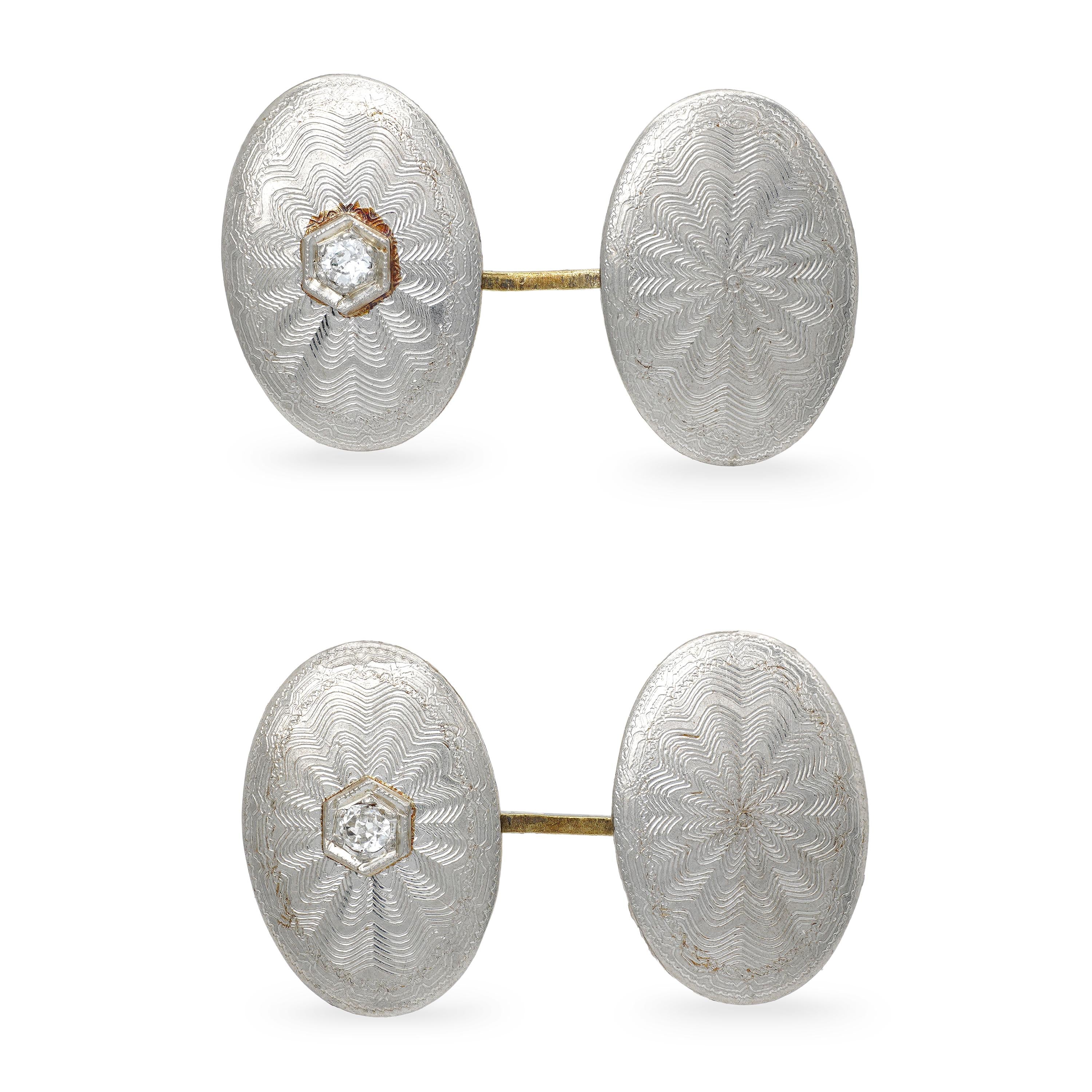 Antique Yellow Gold and Platinum Guilloche & Diamond Cufflinks