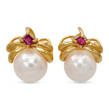 Vintage 14k Yellow Gold Pearl and Ruby Stud Earrings