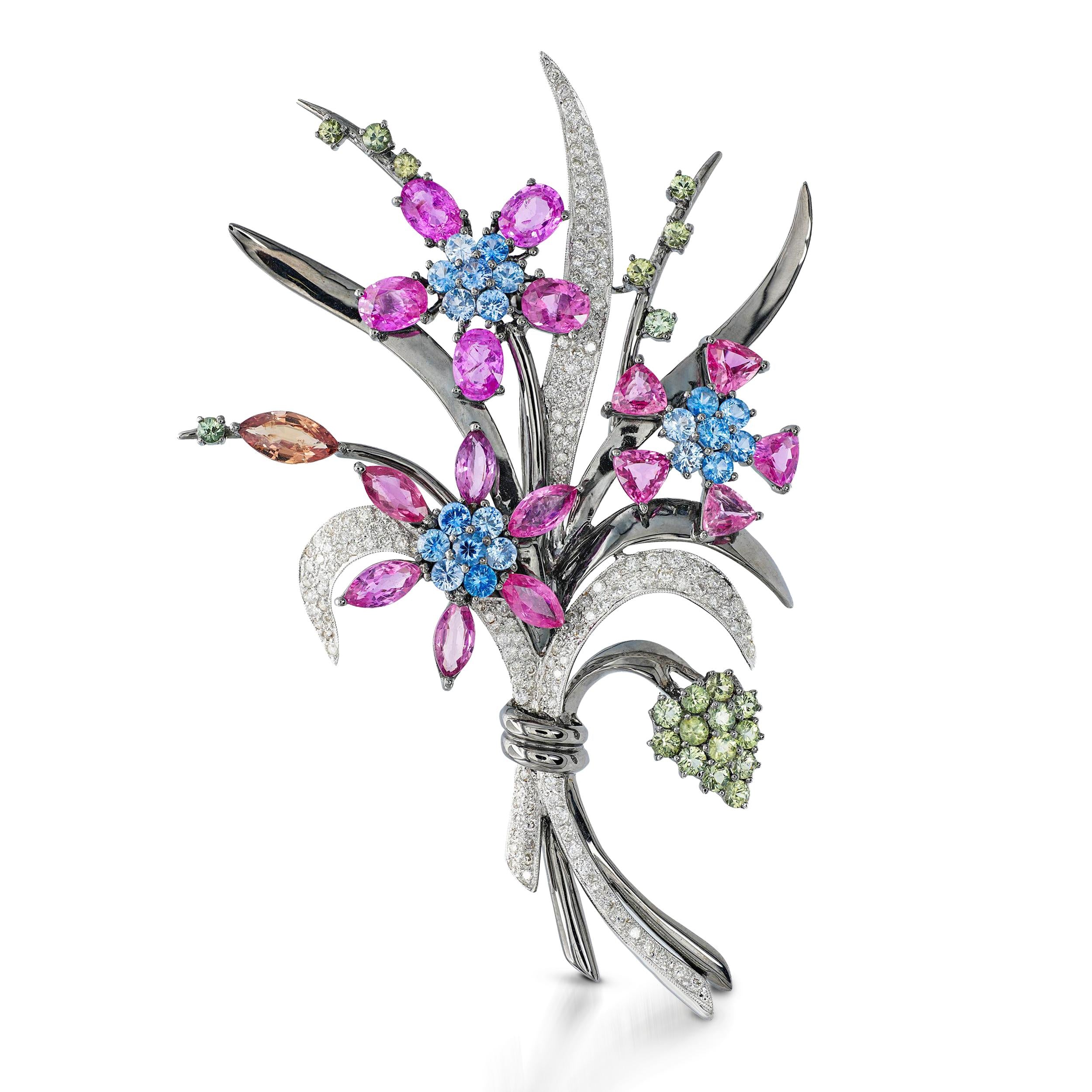 Vintage 18k White Gold Mixed Sapphires and Diamond Floral Bouquet Brooch