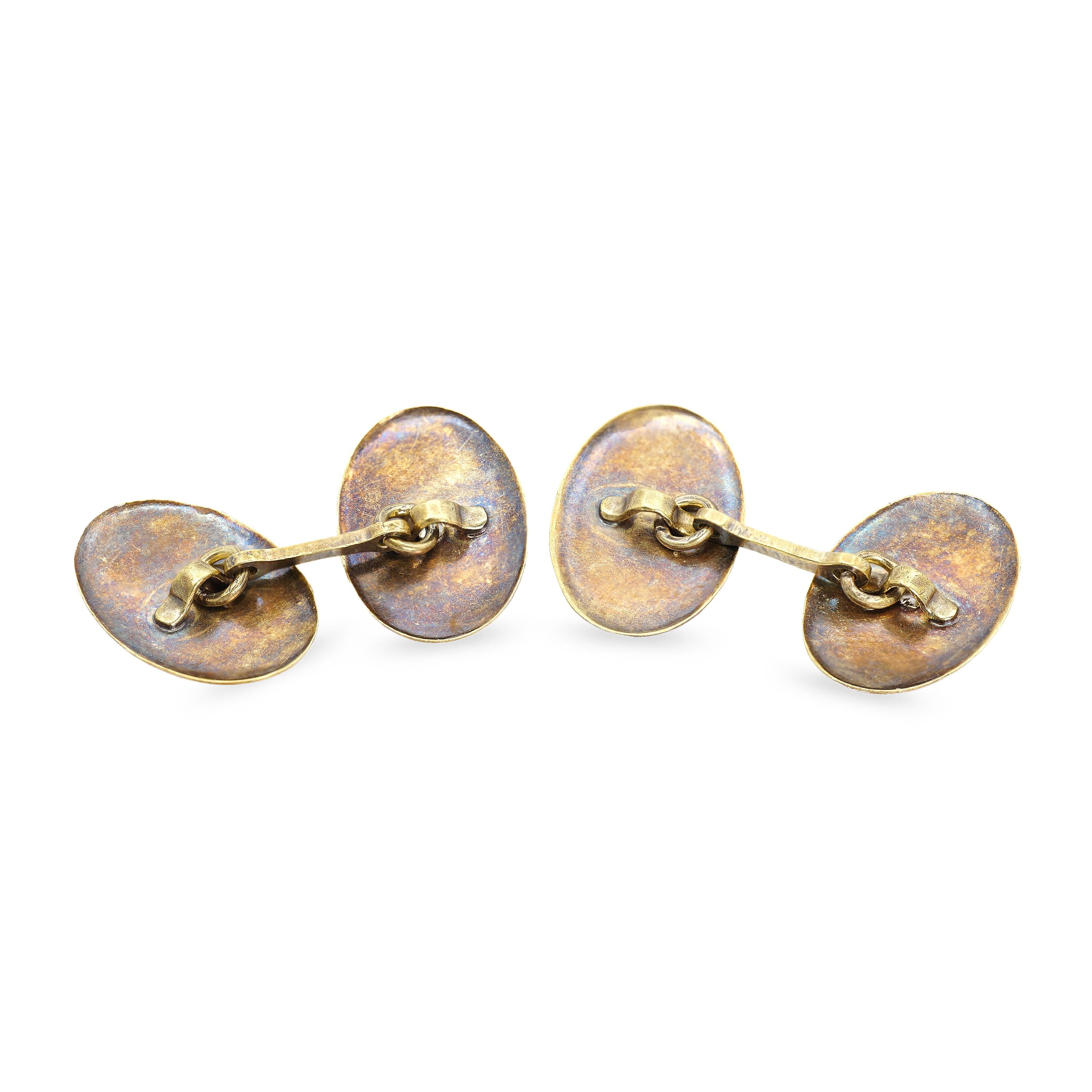 Antique Yellow Gold and Platinum Guilloche & Diamond Cufflinks