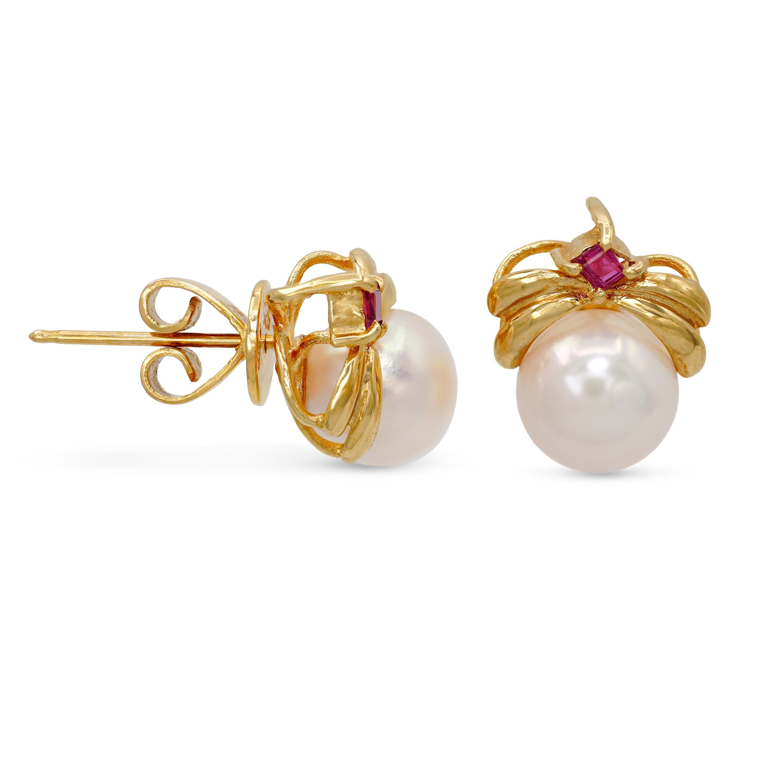 Vintage 14k Yellow Gold Pearl and Ruby Stud Earrings