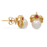 Vintage 14k Yellow Gold Pearl and Ruby Stud Earrings