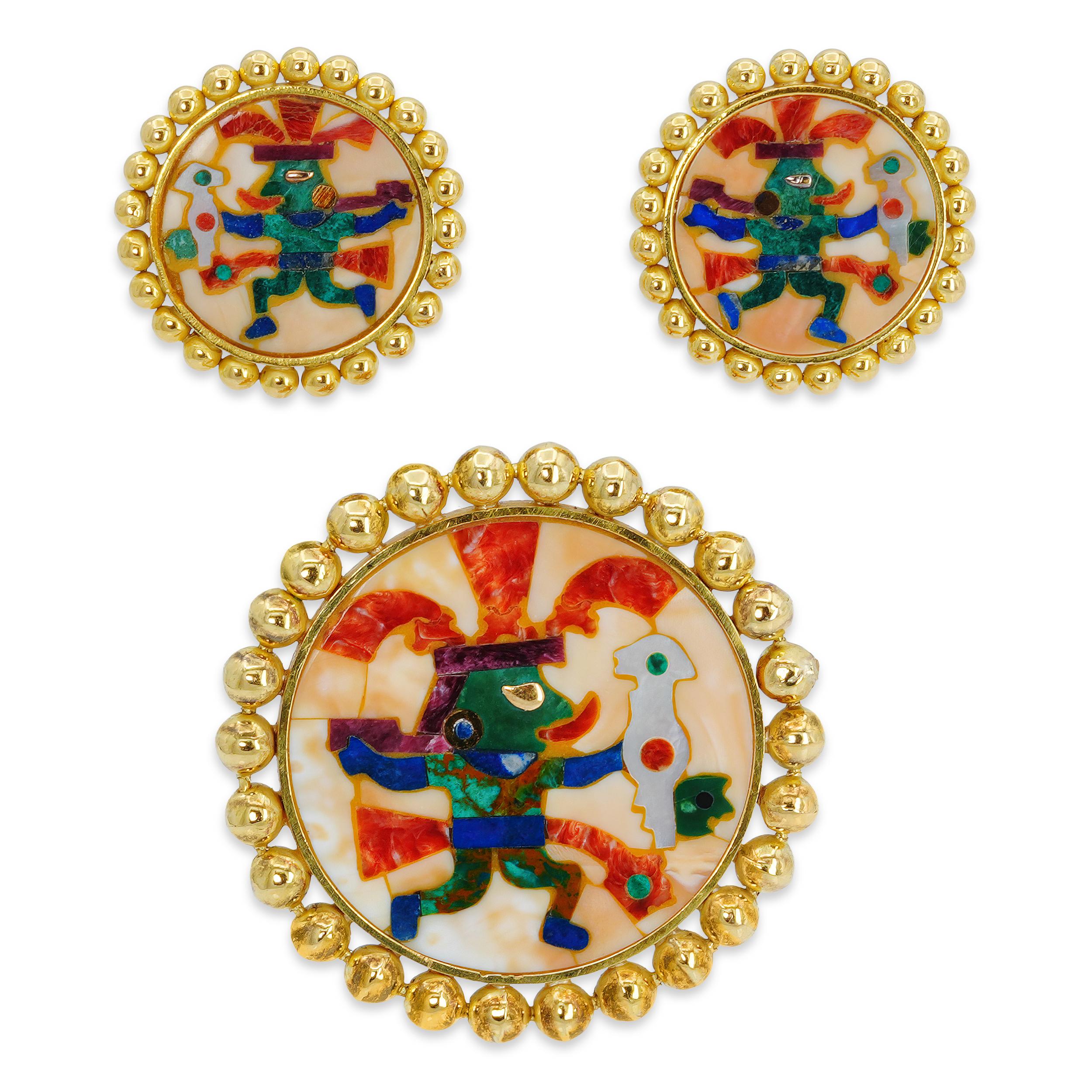 Vintage 18k Yellow Gold Moche Mosaic Pendant and Earrings Set
