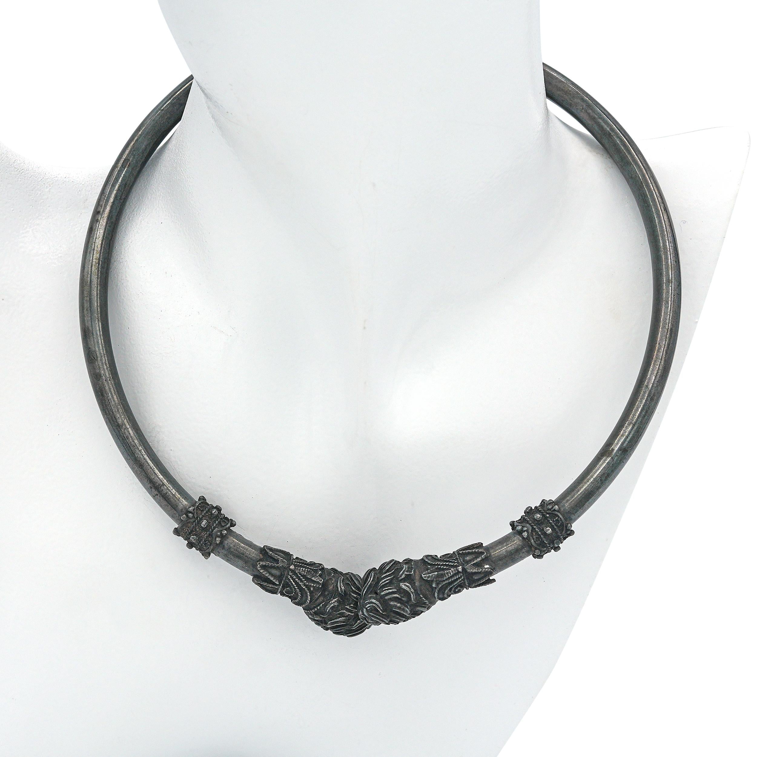 Vintage Tribal-Style Oxidized Silver Torque Necklace with Ram’s Head Terminals