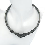 Vintage Tribal-Style Oxidized Silver Torque Necklace with Ram’s Head Terminals