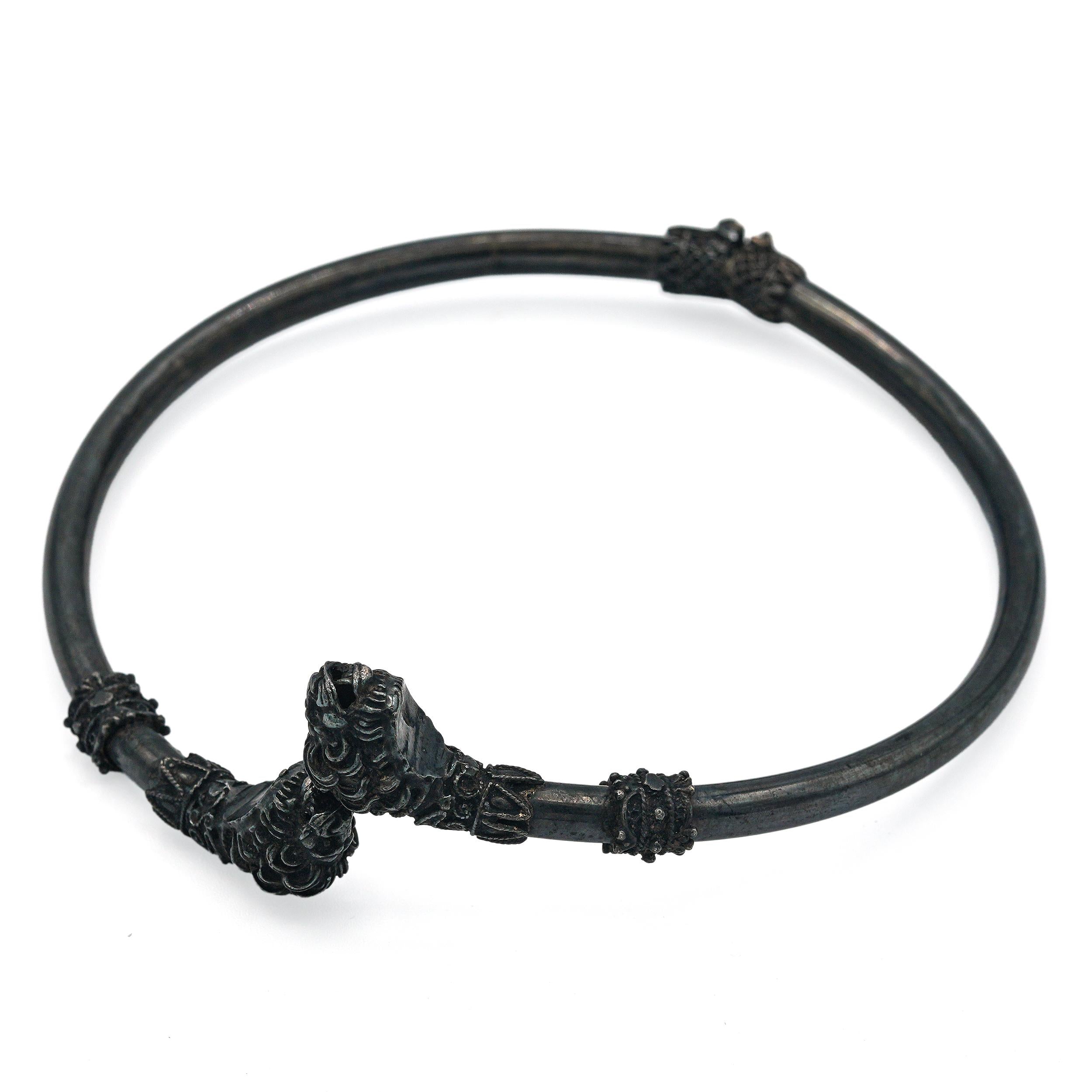 Vintage Tribal-Style Oxidized Silver Torque Necklace with Ram’s Head Terminals