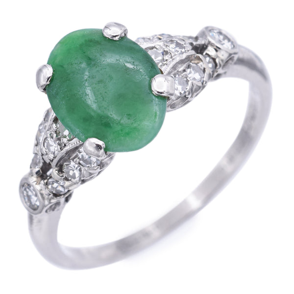 Vintage Granat Platinum 1.35 Ct Green Jade & Diamond Band Ring Size 5