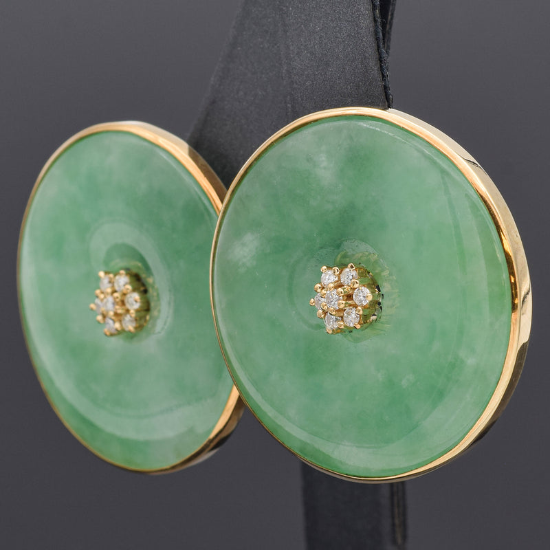 Vintage 14K Yellow Gold Green Jade & Diamond Large Round Omega-Back Earrings
