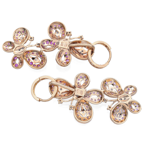 Estate 10K Yellow Gold Pink Sapphire & Diamond Butterfly Dangle Earrings