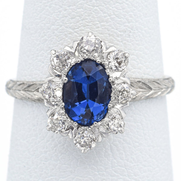 Antique Art Deco 18K White Gold Blue Paste & 0.48TCW Diamond Band Ring Size 5.75