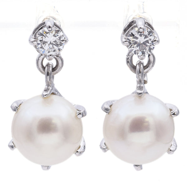 Estate 14K White Gold Pearl & Diamond Dangle Earrings