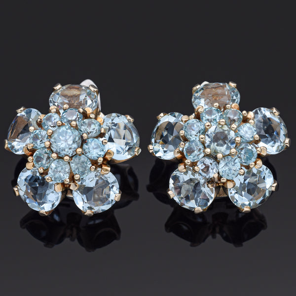 Vintage 14K Yellow White Gold Aquamarine & Blue Topaz Floral Clip-On Earrings