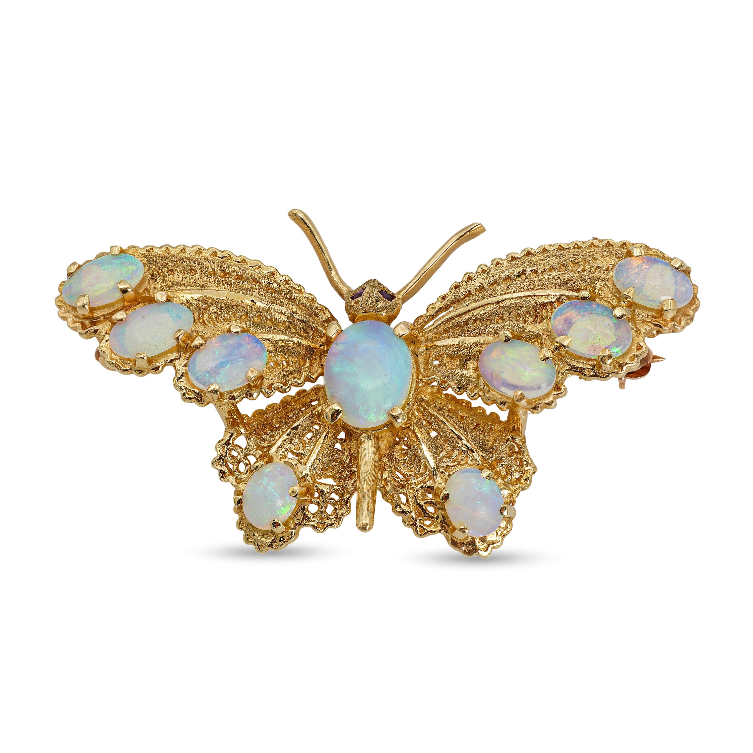 Vintage 13k Yellow Gold Blue Opal and Ruby Butterfly Brooch