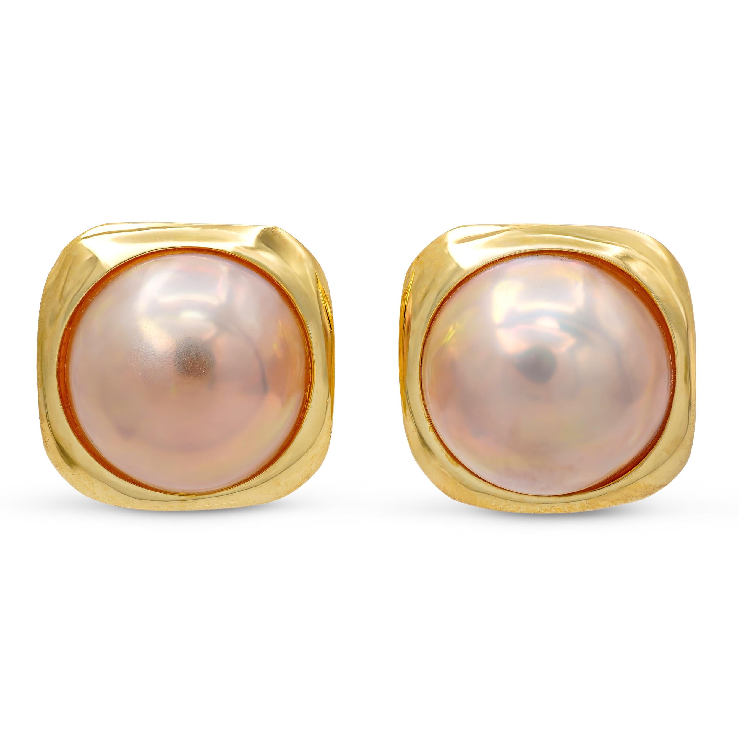 Vintage 14k Yellow Gold Mabe Pearl Omega Back Stud Earrings