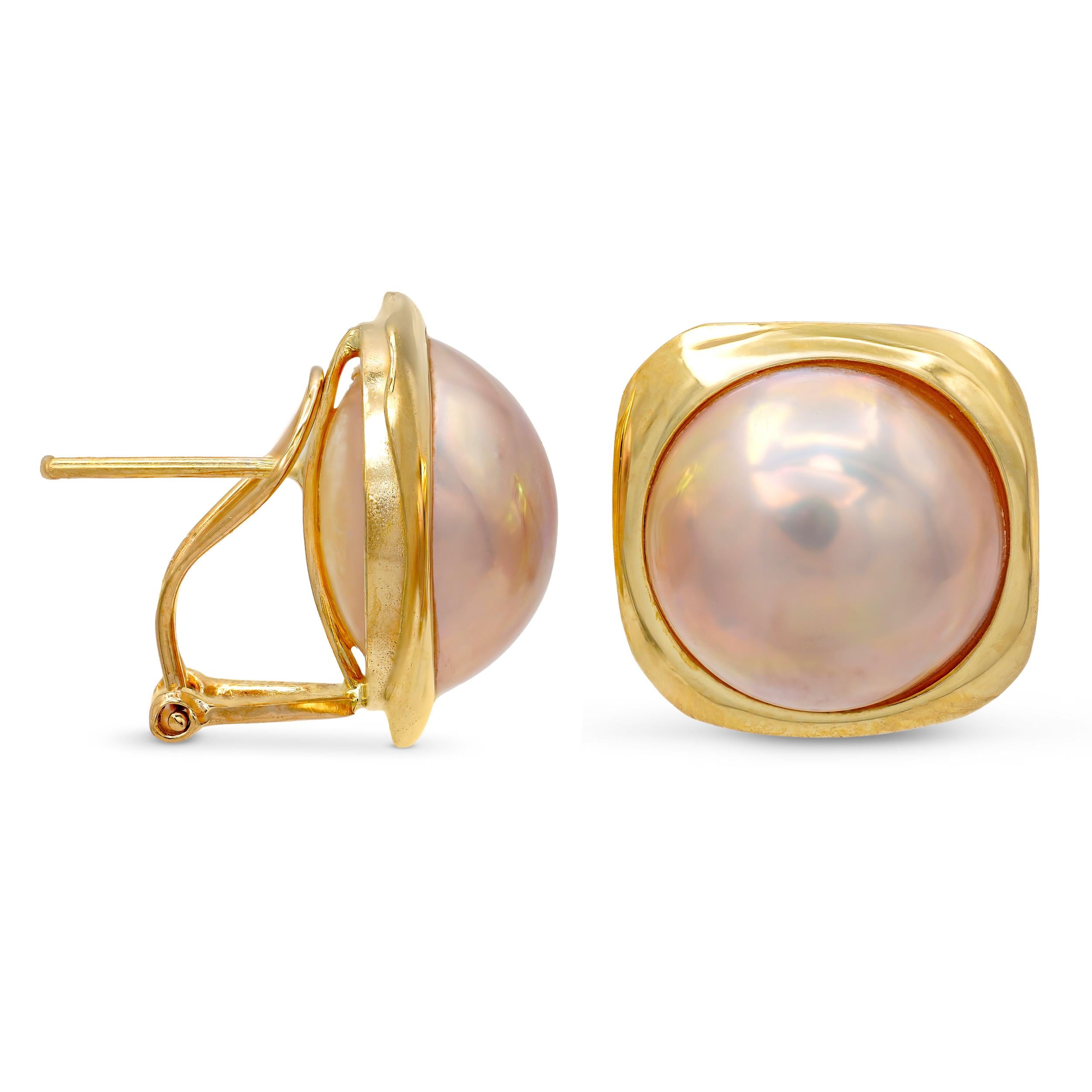 Vintage 14k Yellow Gold Mabe Pearl Omega Back Stud Earrings