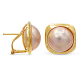 Vintage 14k Yellow Gold Mabe Pearl Omega Back Stud Earrings