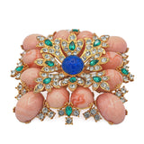 Vintage Costume  Coral Glass and Rhinestone Floral Statement Brooch