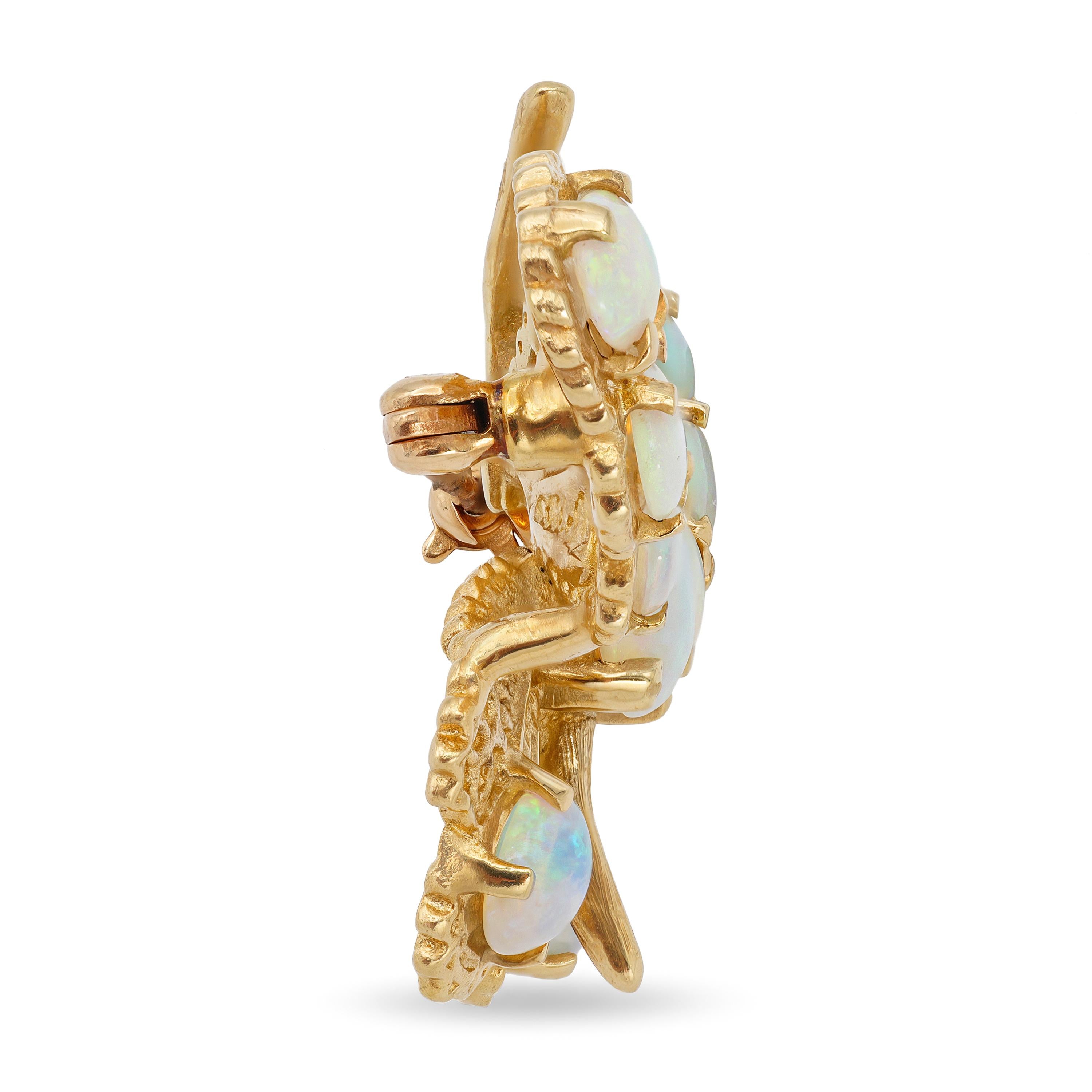 Vintage 13k Yellow Gold Blue Opal and Ruby Butterfly Brooch