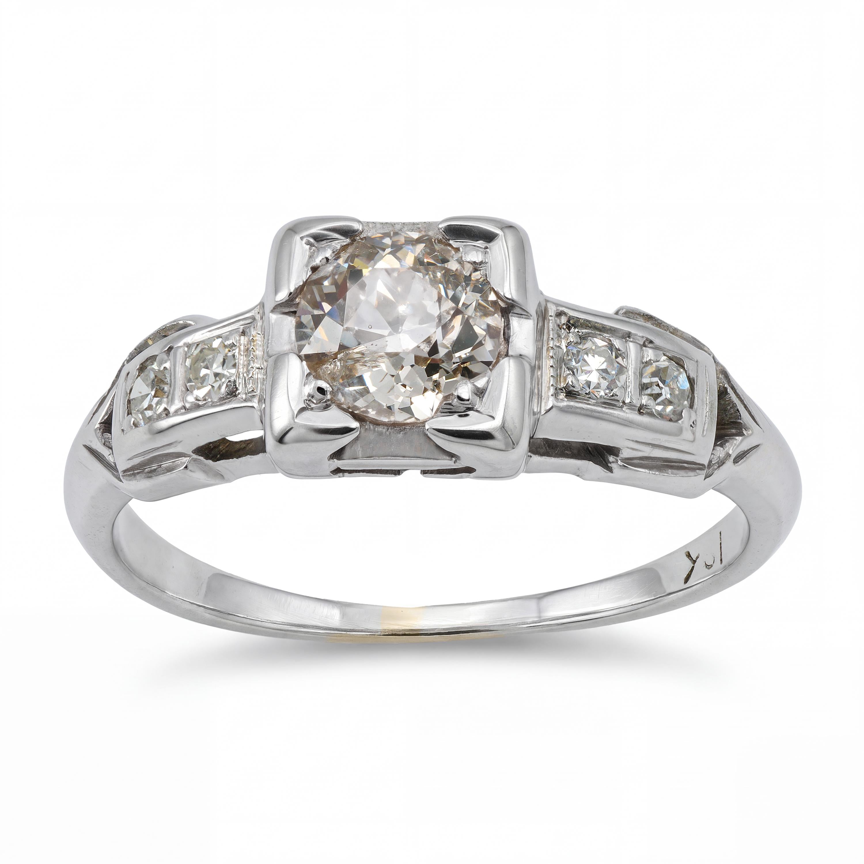 Vintage 18k White Gold Old European Cut Diamond Engagement Ring