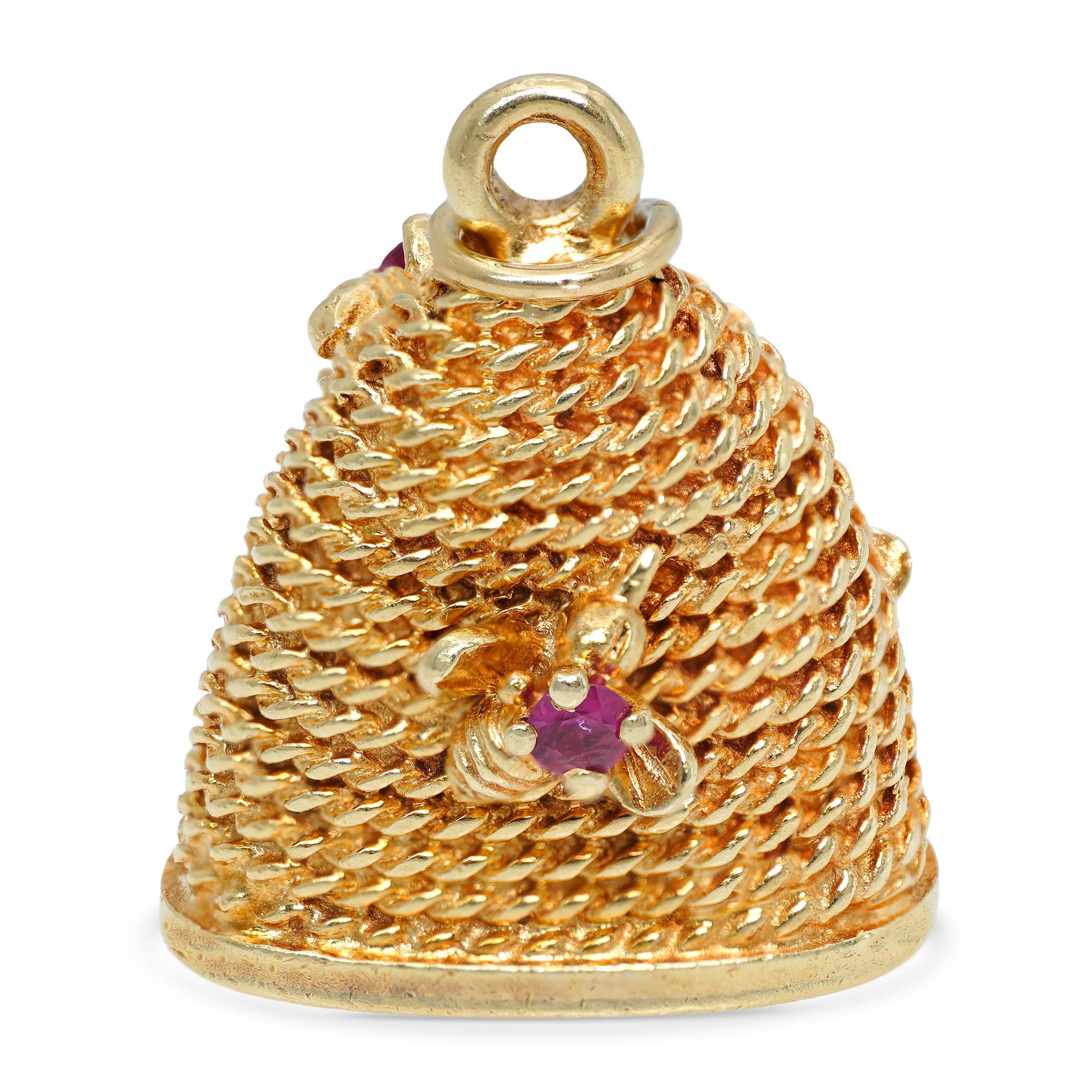 Vintage 14k Yellow Gold Ruby Beehive Charm Pendant