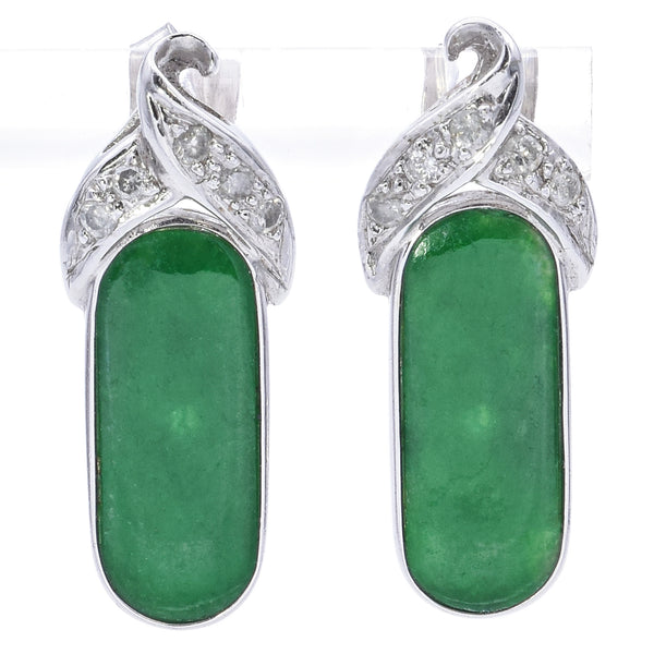 Estate 14K White Gold Green Jade & Diamond Drop Earrings