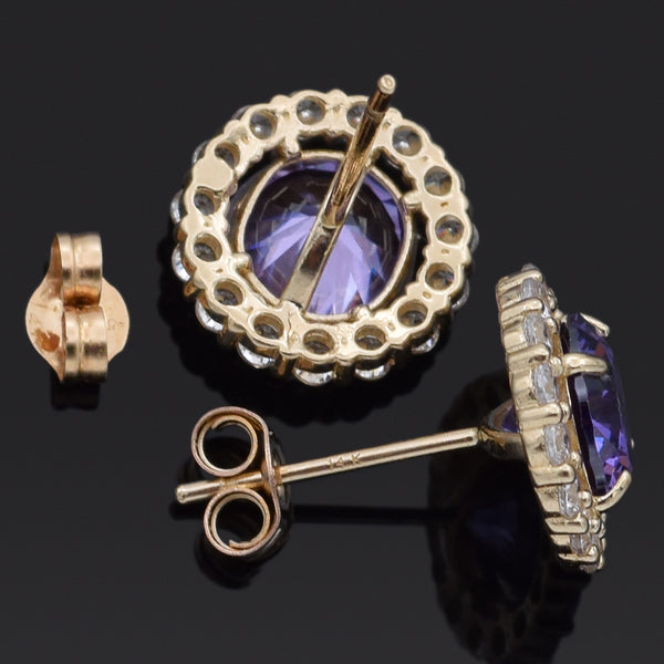 Estate Amethyst and CZ 14K Yellow Gold Stud Earrings