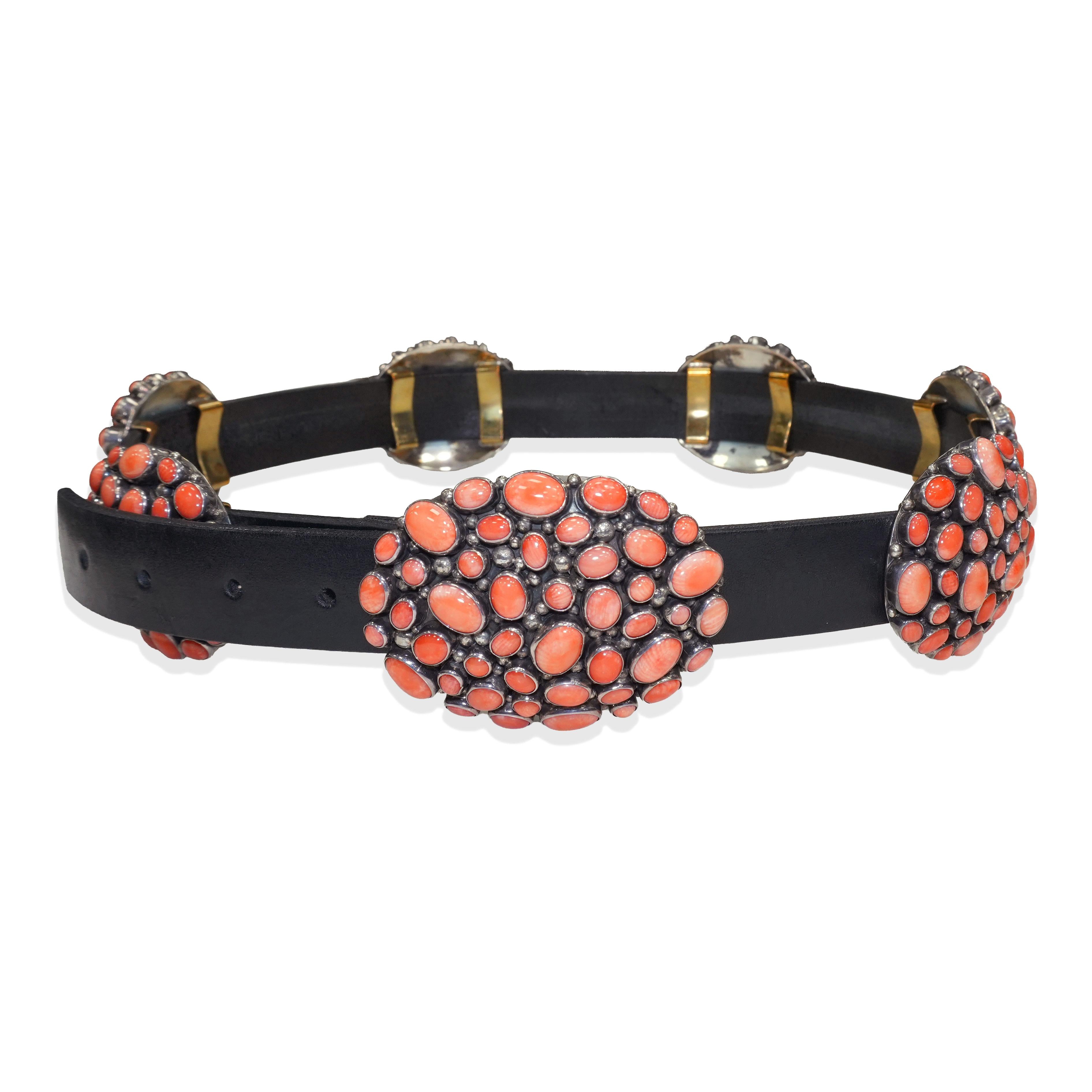 Southwestern Philbert Secatero Sterling Silver Coral Leather Concho Belt