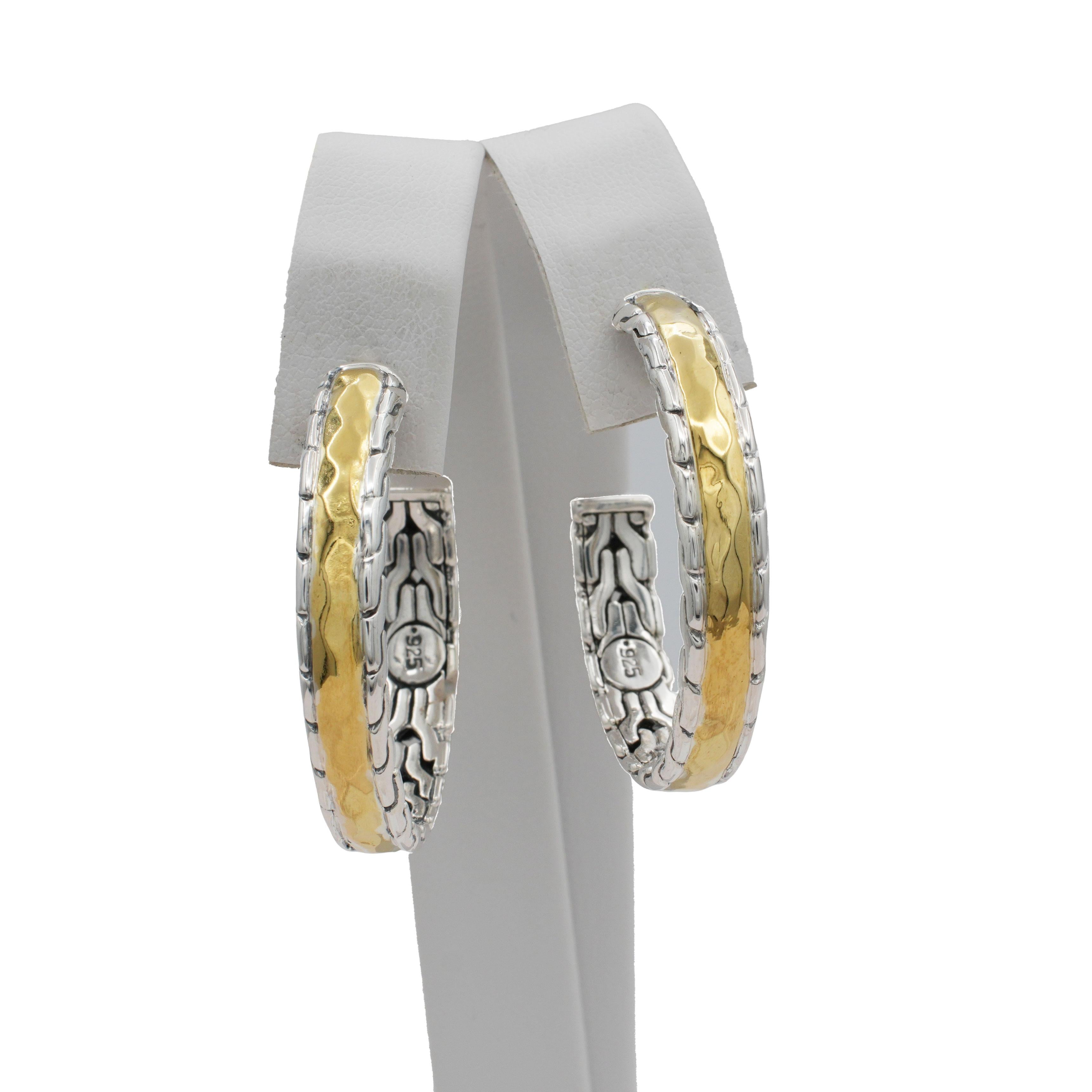 John Hardy Sterling Silver and 22k Yellow Gold Textured Hoop Earrings