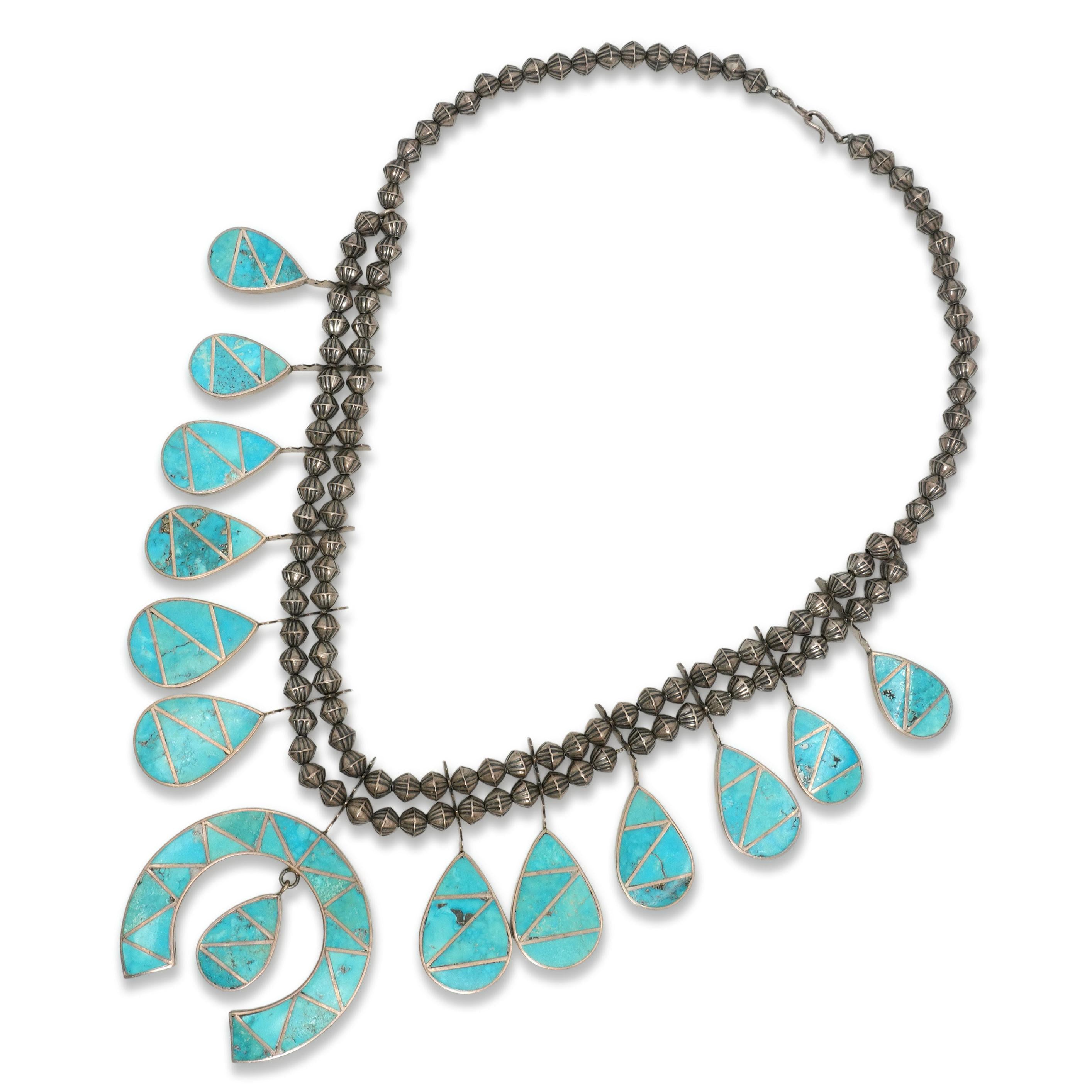 Navajo Sterling Silver Turquoise Squash Blossom Necklace With Earring Jackets