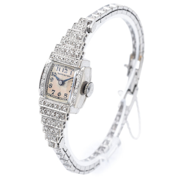 Antique Hamilton Ladies 0.41 TCW Diamond 14K White Gold Hand Wind Wristwatch