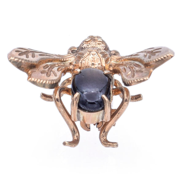 Vintage 14K Yellow Gold Black Star Sapphire Bee Bug Brooch Pin