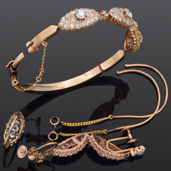 Antique 14K Yellow Gold 9.16 TCW Diamond Bracelet, Ring & Earrings Set